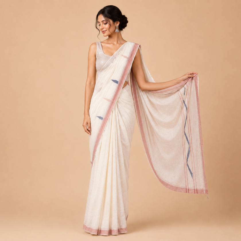 Achol Chin Handloom Mul Cotton Saree with Small Striped Pallu