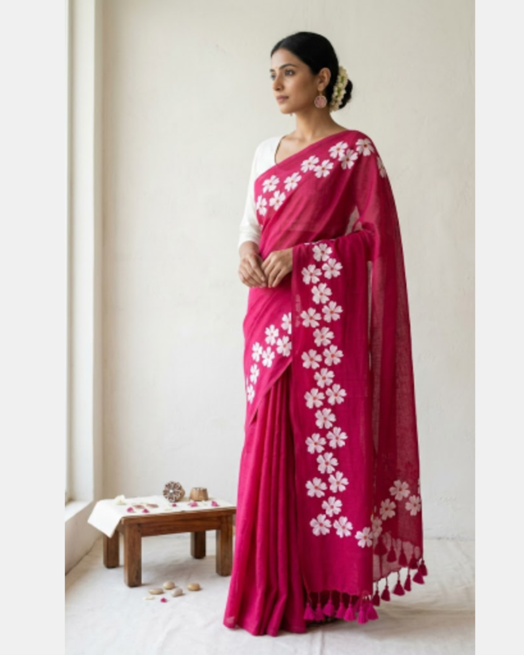 Small Daisy Flower Border Hand Painted Mul Cotton Saree - Without Blouse