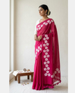 Small Daisy Flower Border Hand Painted Mul Cotton Saree - Without Blouse