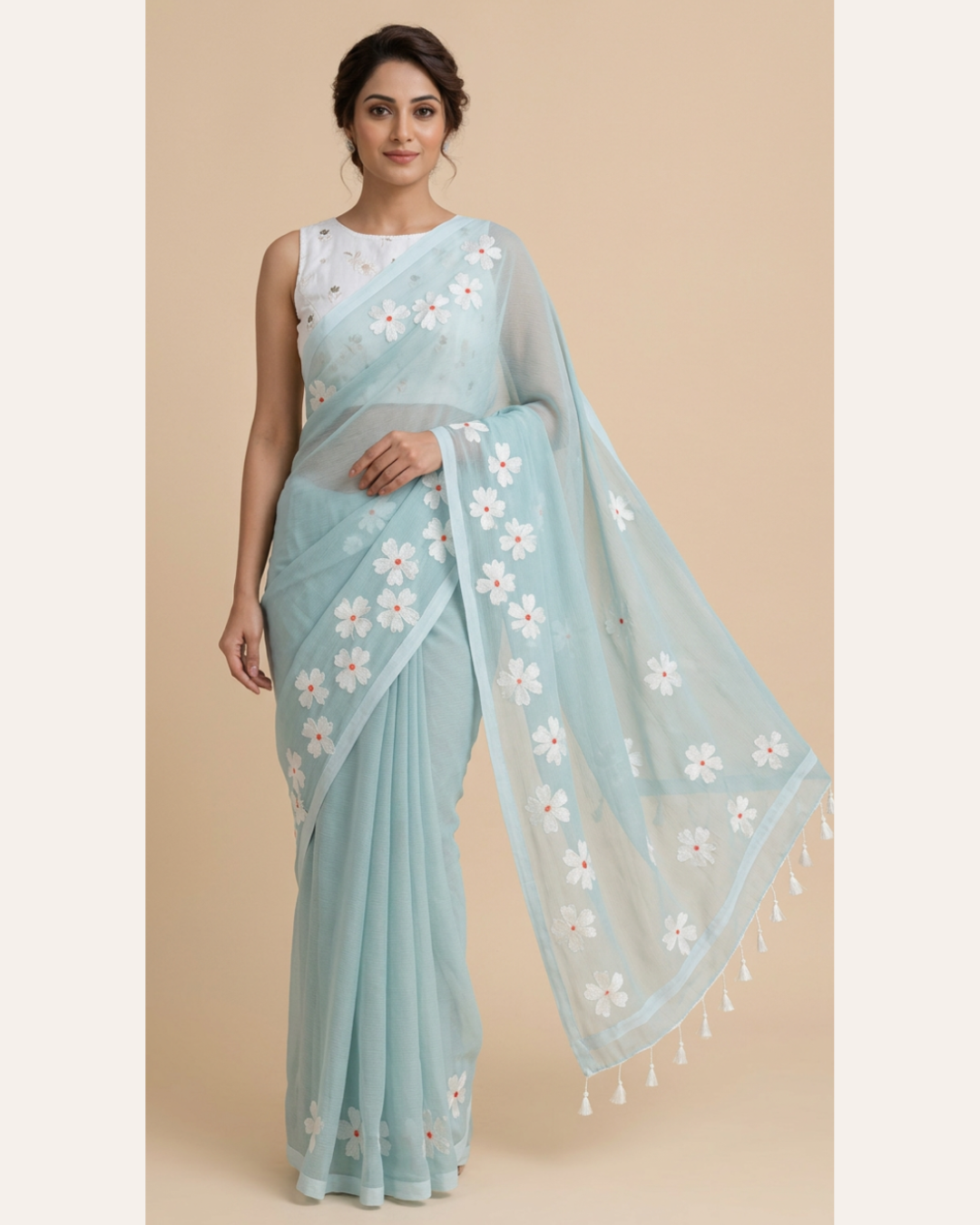 Small Daisy Flower Border Hand Painted Mul Cotton Saree - Without Blouse