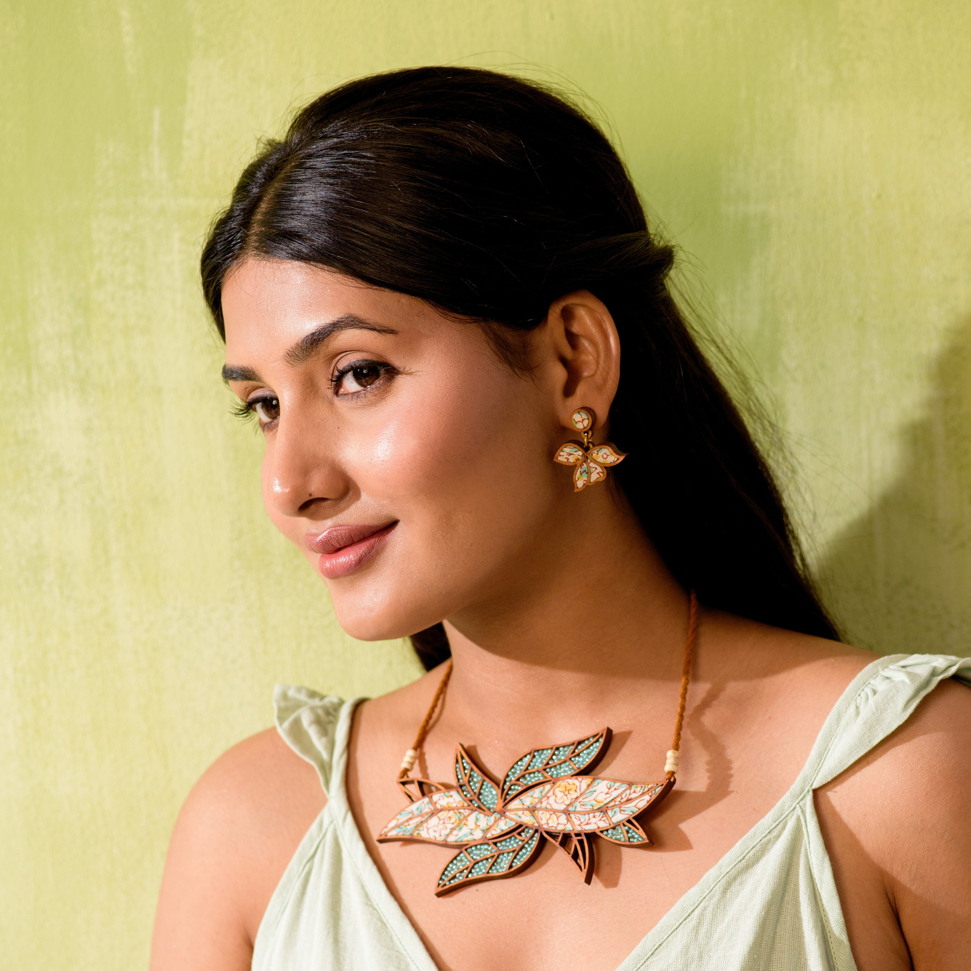 WHE Turquoise White Bloom Repurposed Fabric and Wood Leaf Earring