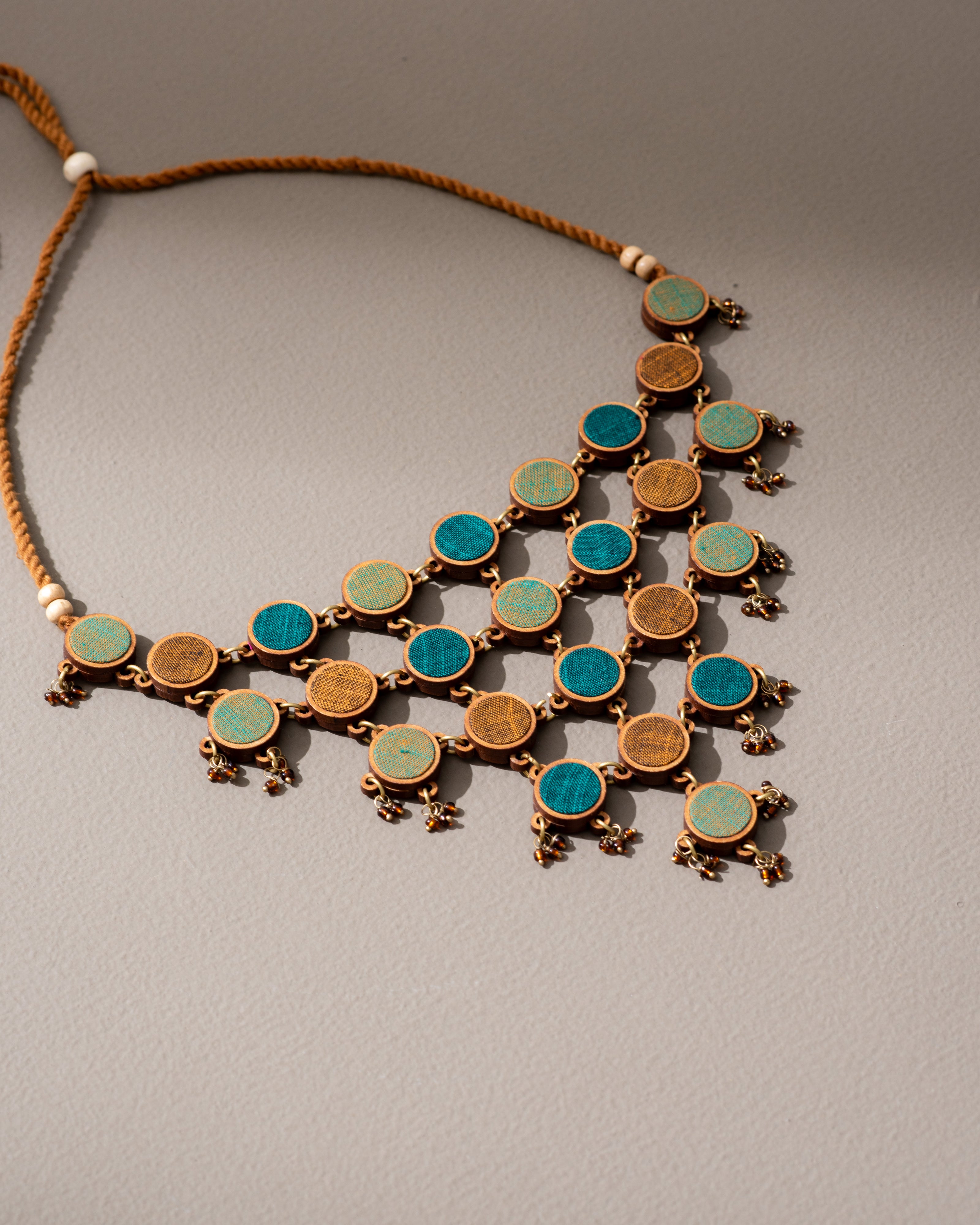 WHE Shades of Green Repurposed Fabric and Wood Adjustable Statement Necklace