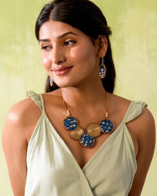 WHE Blue Connected Circle Repurposed Fabric and Wood Necklace