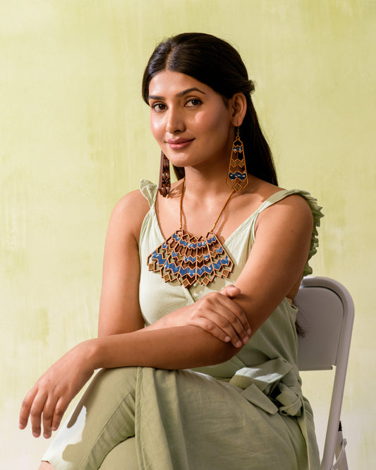 WHE Blue Wave Pattern Kalamkari Repurposed Fabric and Wood Necklace