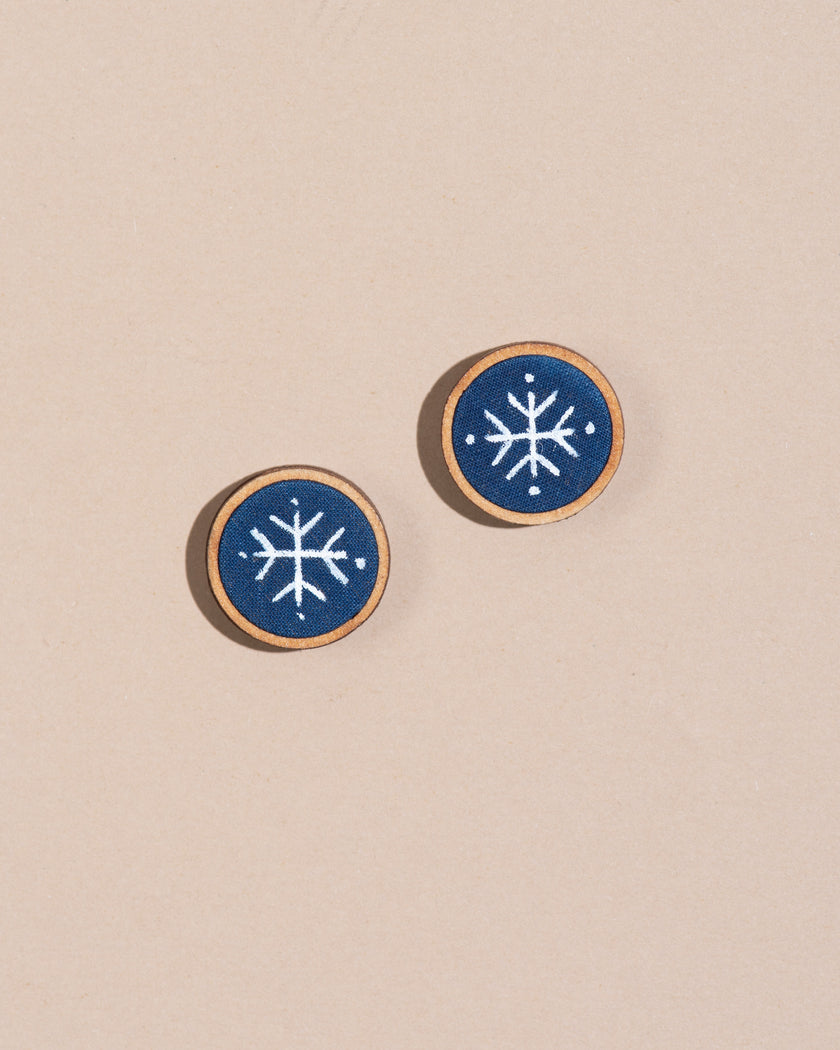 WHE Hand Painted Blue and White Repurposed Fabric Wooden Stud Earrings