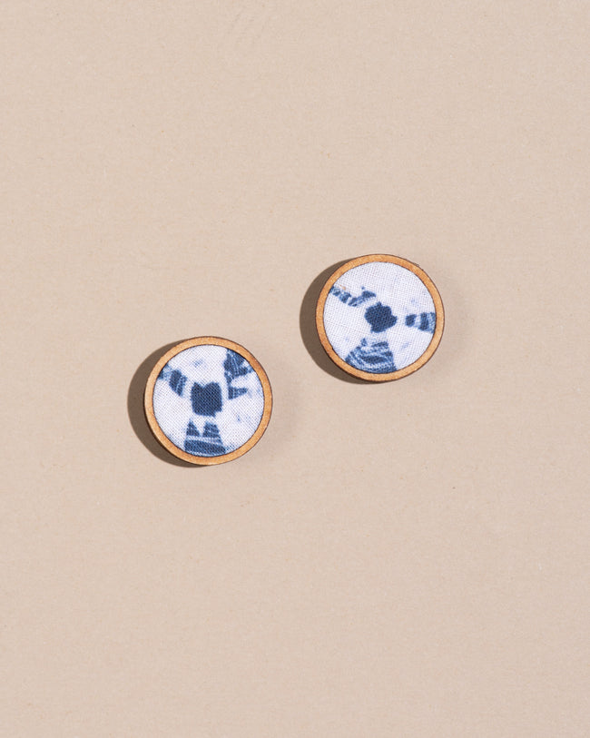 WHE Handmade Blue Tie and Dye Repurposed Fabric and Wood Stud Earrings
