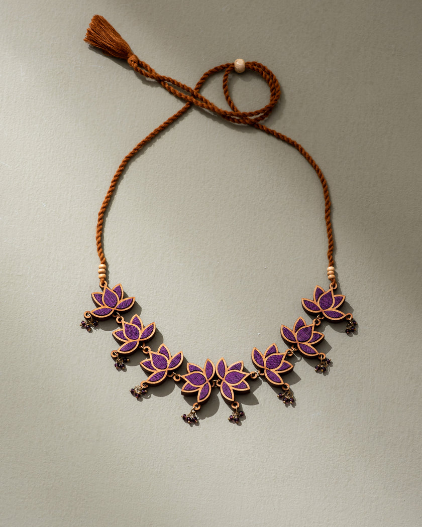 WHE Purple Lotus Repurposed Fabric and Wood Statement Choker