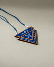 WHE Hand Painted Blue Repurposed Fabric and Wood Triangular Necklace