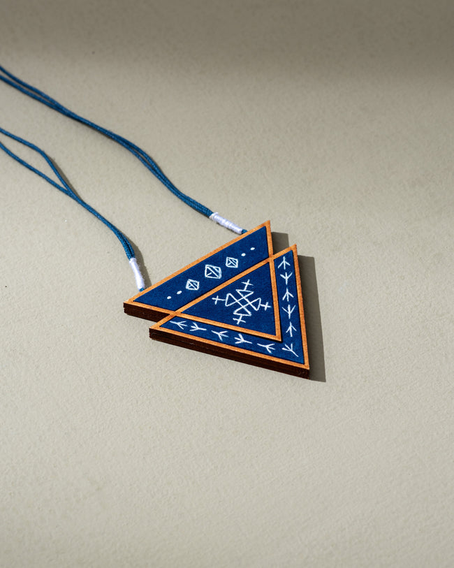 WHE Hand Painted Blue Repurposed Fabric and Wood Triangular Necklace