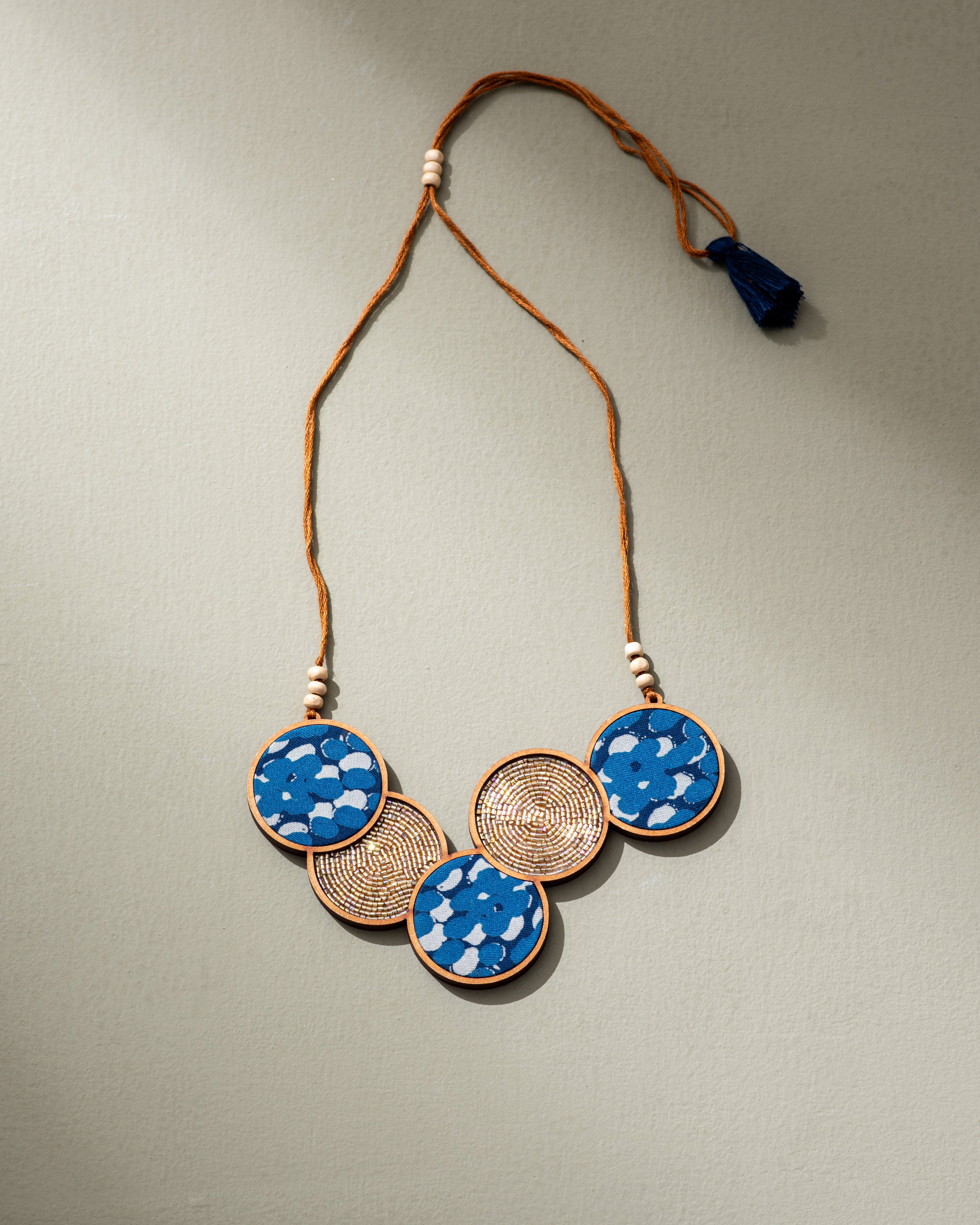 WHE Blue Connected Circle Repurposed Fabric and Wood Necklace