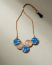 WHE Blue Connected Circle Repurposed Fabric and Wood Necklace