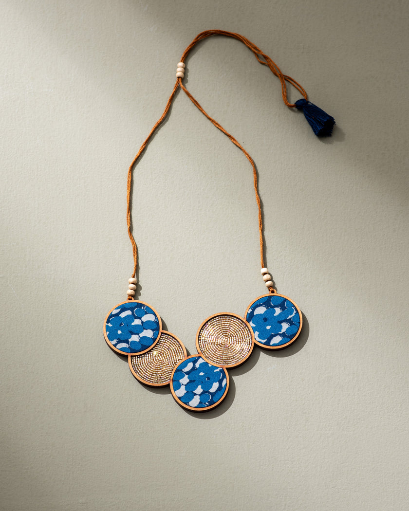 WHE Blue Connected Circle Repurposed Fabric and Wood Necklace