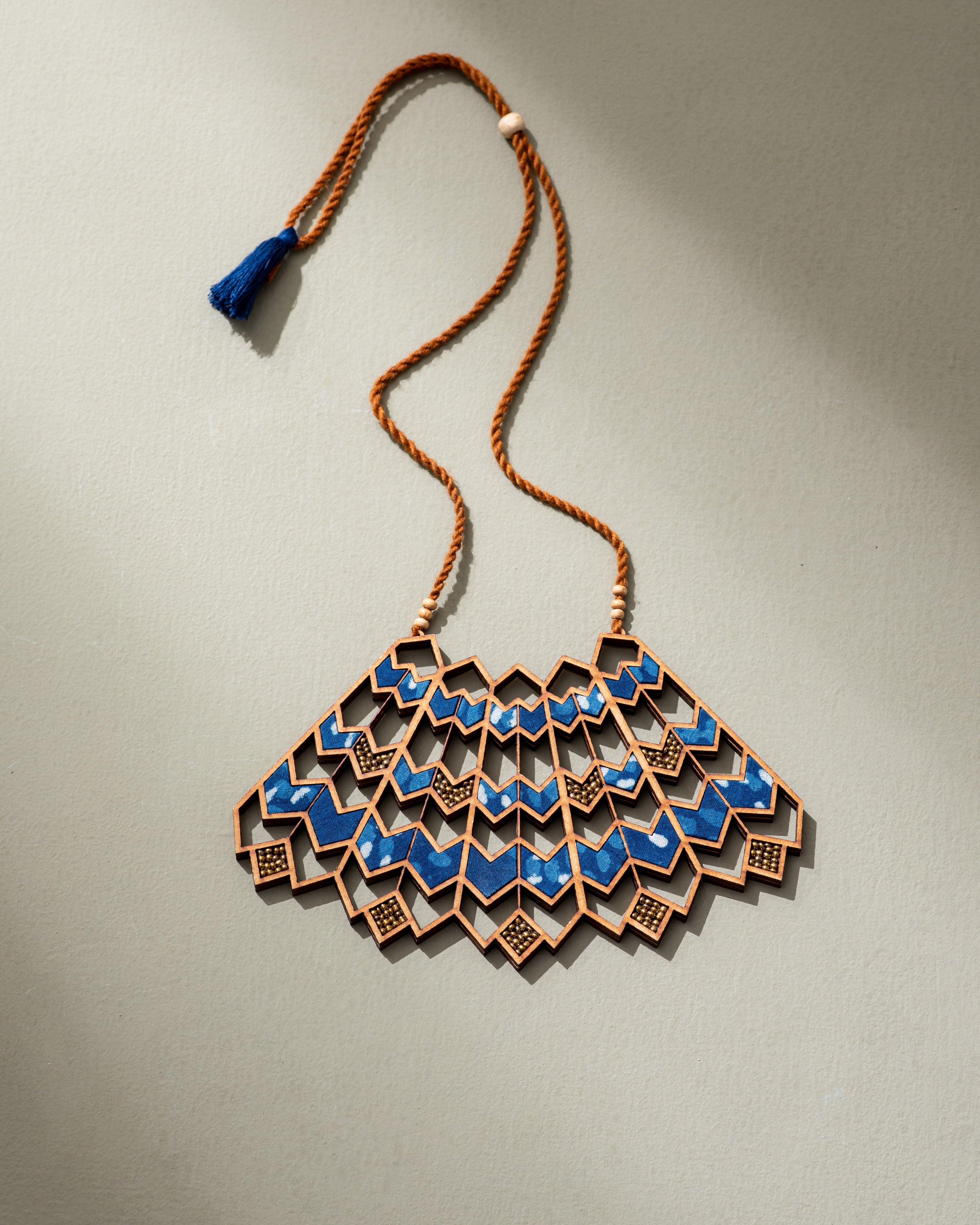 Blue Wave Pattern Kalamkari Repurposed Fabric and Wood Necklace