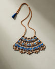 Blue Wave Pattern Kalamkari Repurposed Fabric and Wood Necklace