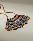 Blue Wave Pattern Kalamkari Repurposed Fabric and Wood Necklace