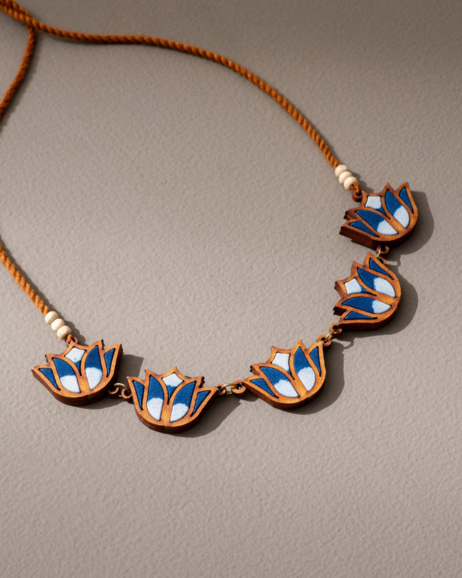 WHE Indigo Bloom Lotus Repurposed Fabric and Wood Necklace