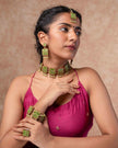 WHE Kantha Green Repurposed Silk Fabric and Wood Bracelet With Beads