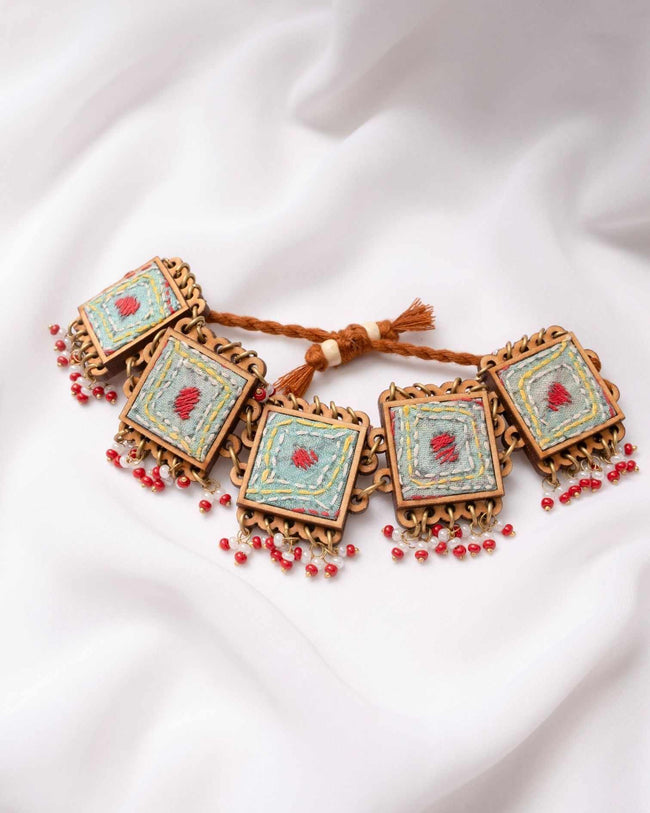 WHE Kantha Columbia Blue Repurposed Silk Fabric and Wood Beads Bracelet