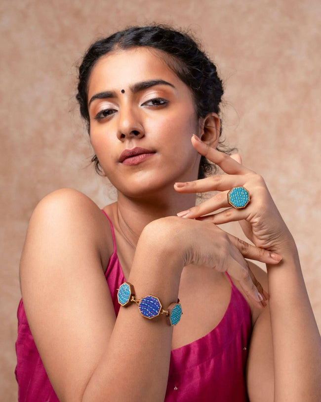 WHE Multicolour Kantha Repurposed Silk Fabric and Wood Bracelet