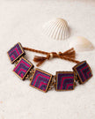 WHE Pink Purple Kantha Repurposed Silk Fabric and Wood Bracelet