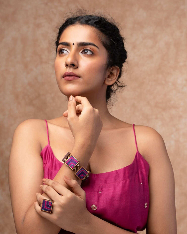WHE Pink Purple Kantha Repurposed Silk Fabric and Wood Bracelet