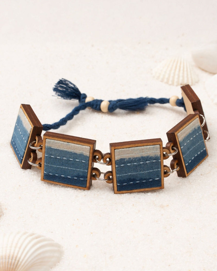 WHE Shades of Indigo Blue Repurposed Fabric and Wood Square Bracelet