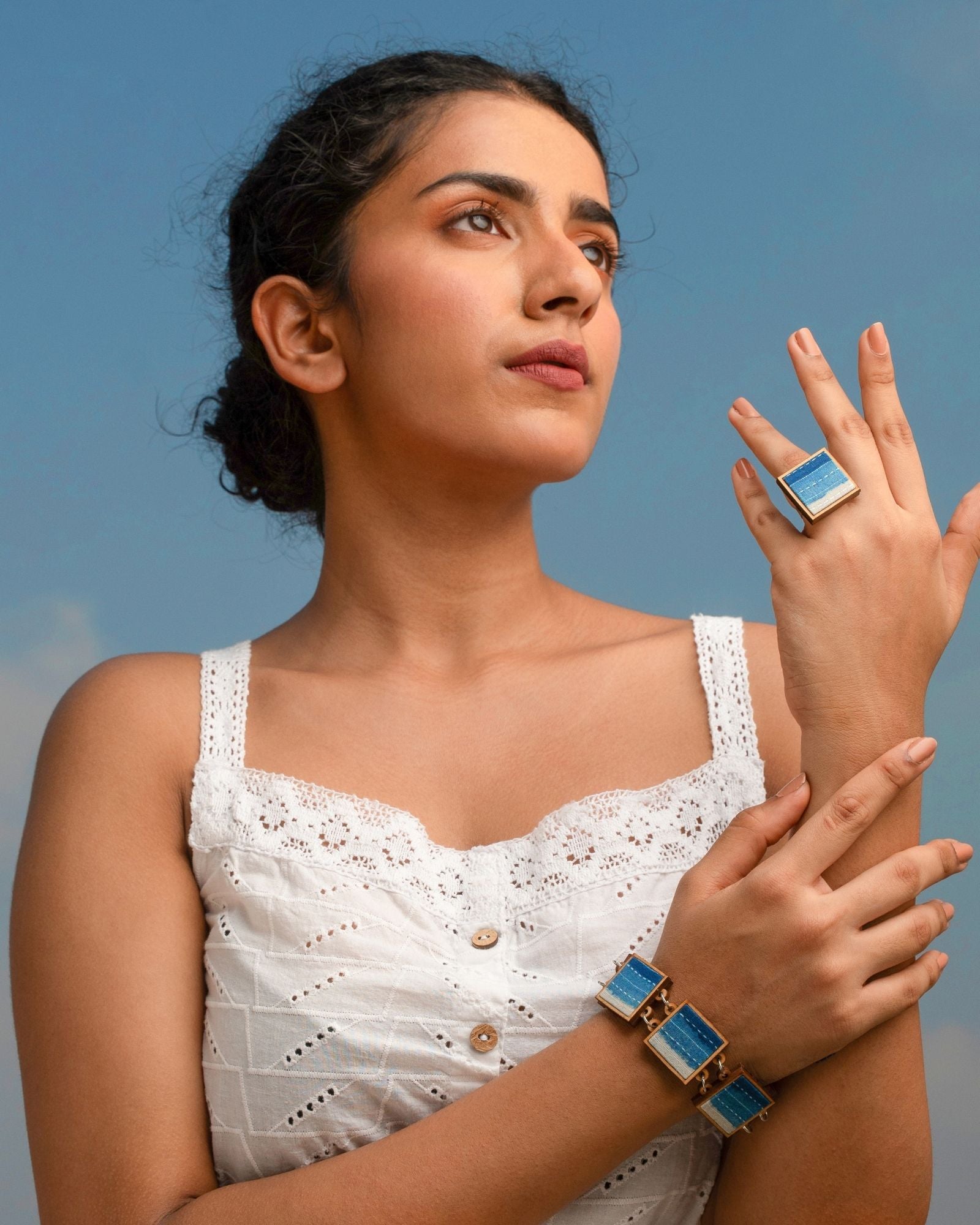 WHE Shades of Indigo Blue Repurposed Fabric and Wood Square Bracelet