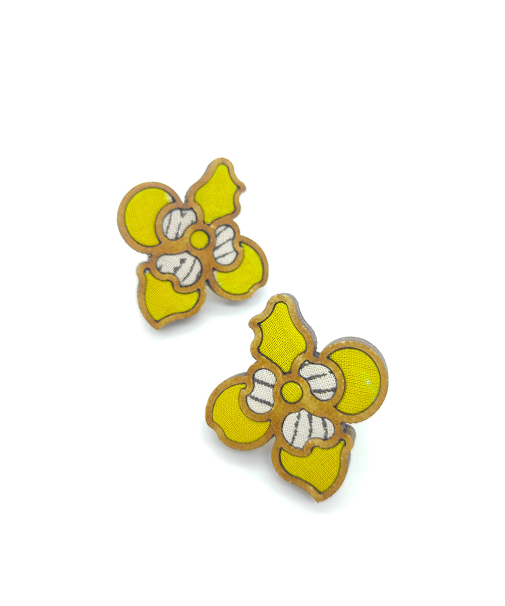 WHE Yellow Bloom Repurposed Fabric and Wood Flower Stud
