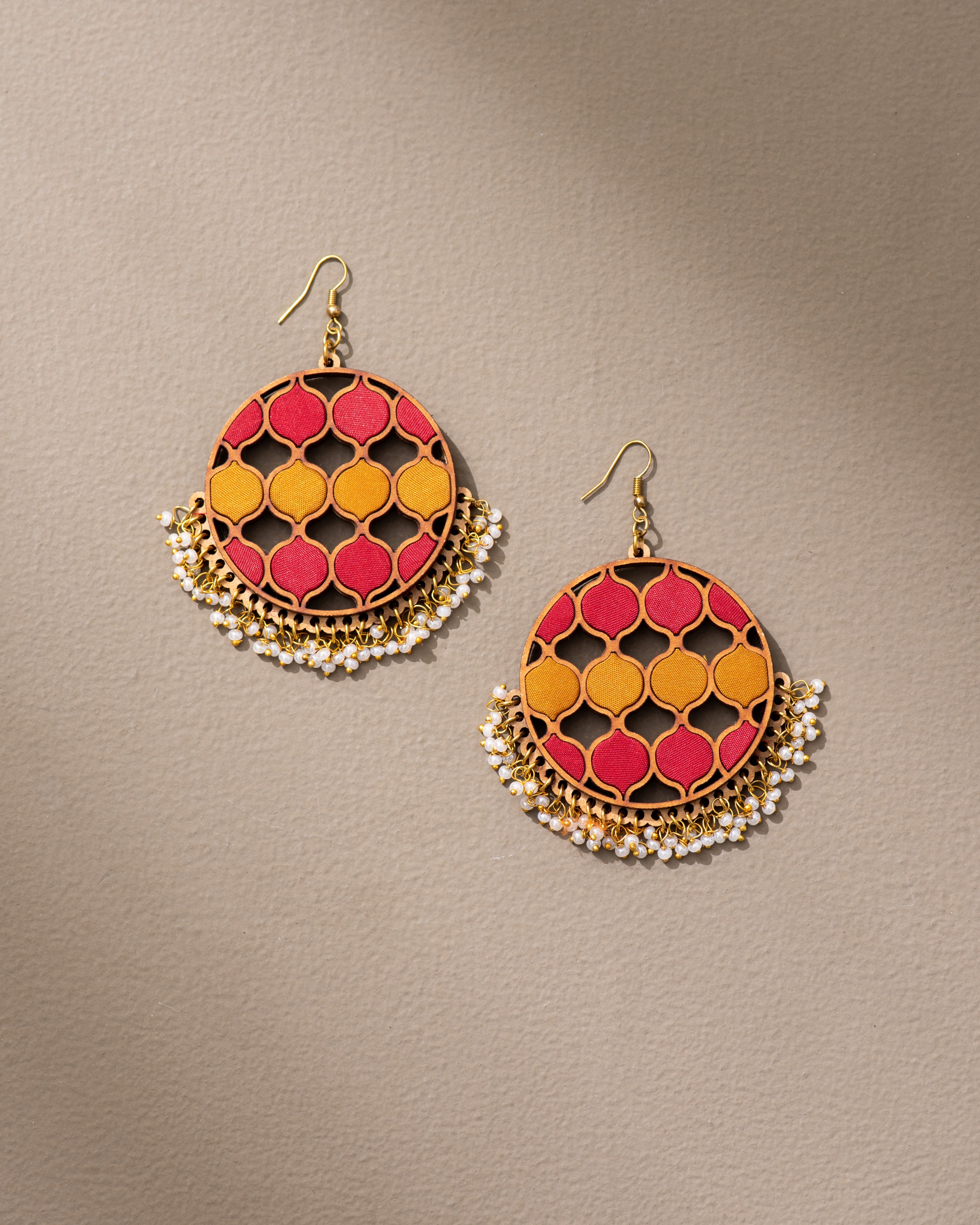 WHE Red Mustard Festive Repurposed Fabric and Wood Statement Danglers