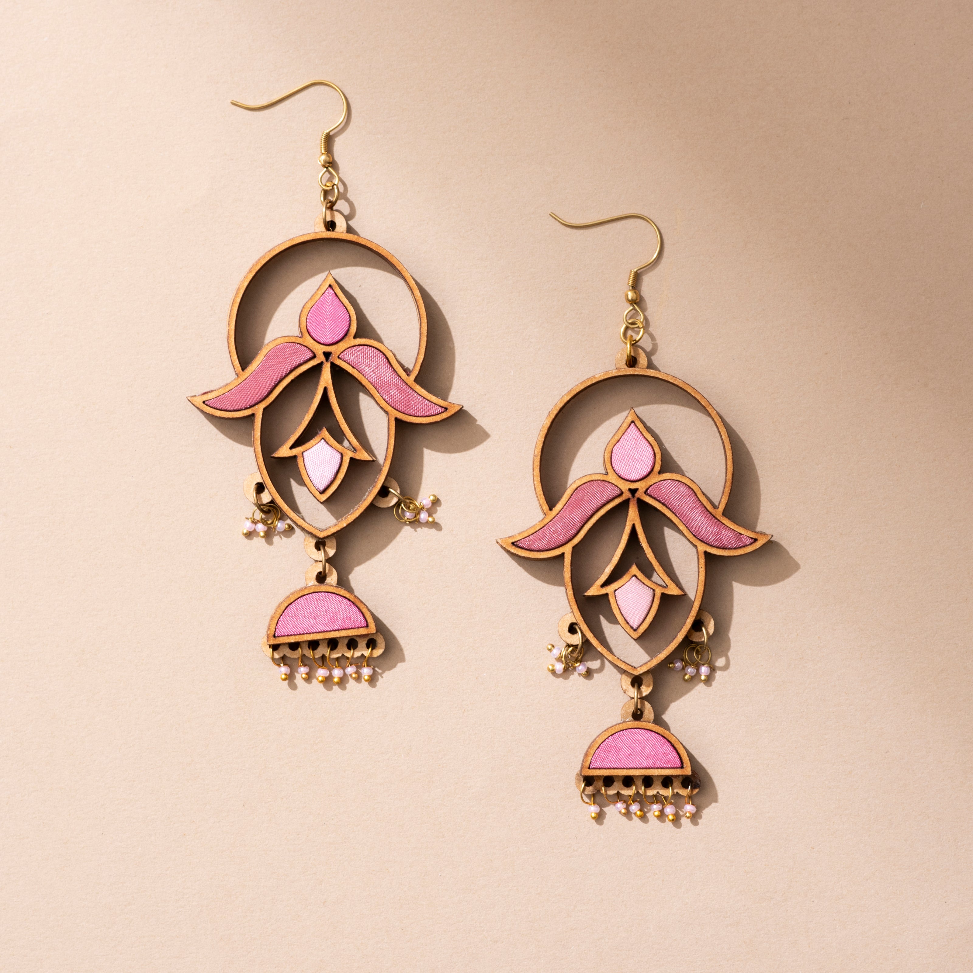 WHE Shades of Pink Festive Repurposed Fabric and Wood Elaborate Danglers