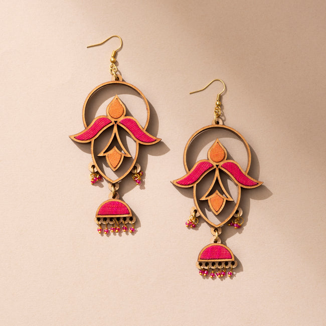 WHE Pink and Orange Festive Repurposed Fabric and Wood Elaborate Danglers