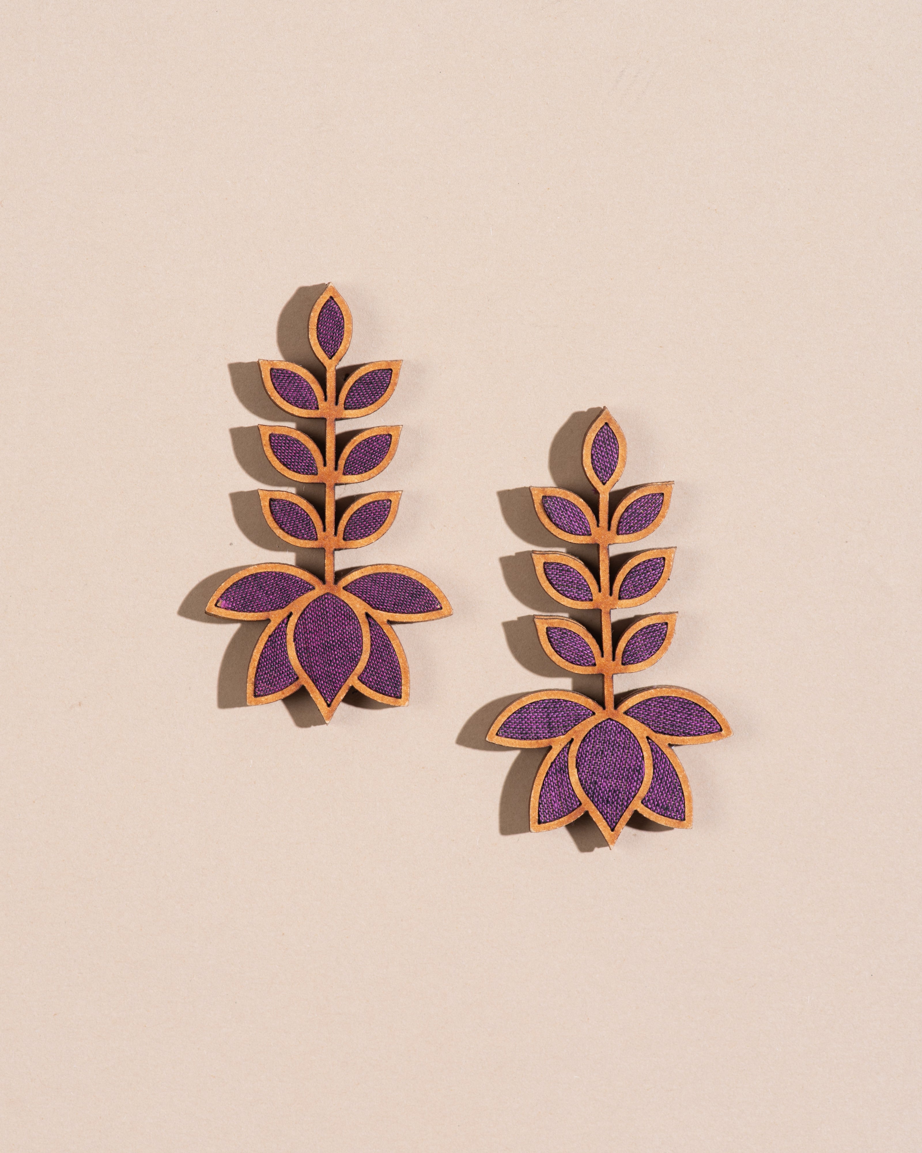 WHE Purple Leaf Motif Repurposed Fabric and Wood Earrings