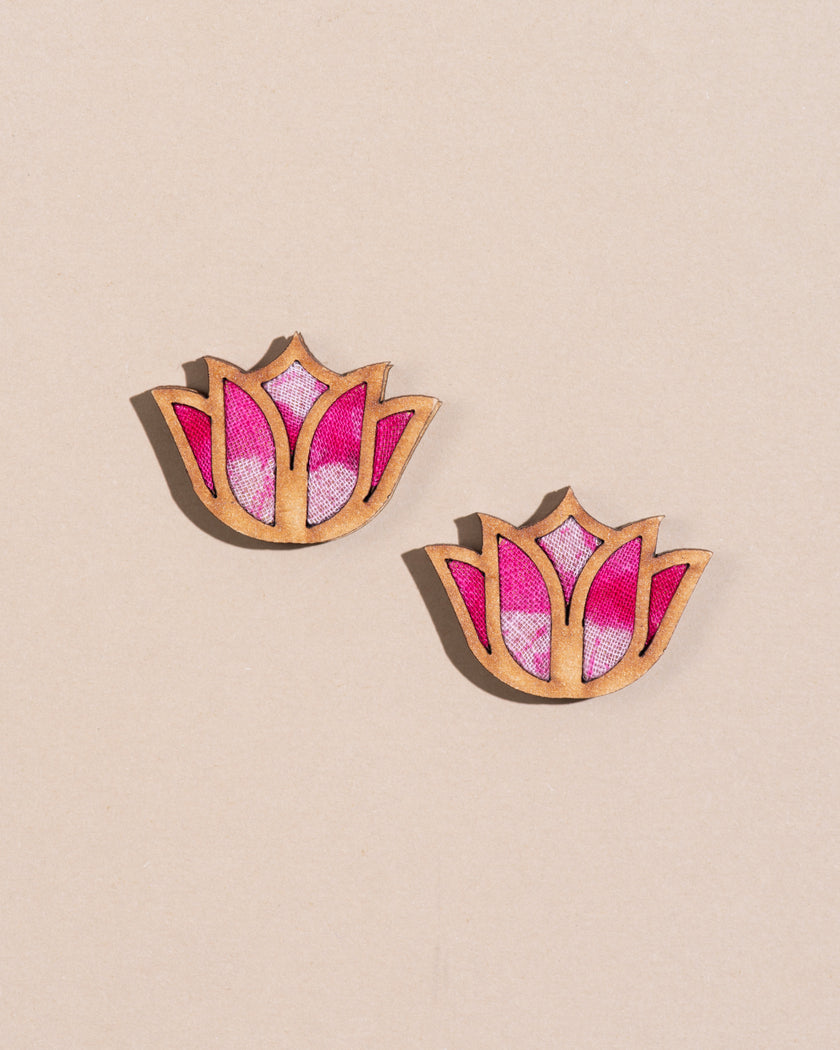 WHE Shades of Pink Bloom Lotus Repurposed Fabric and Wood Earrings