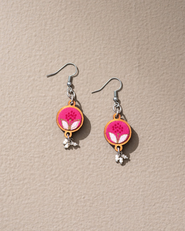 WHE Pink Repurposed Fabric and Wood Flower Earrings