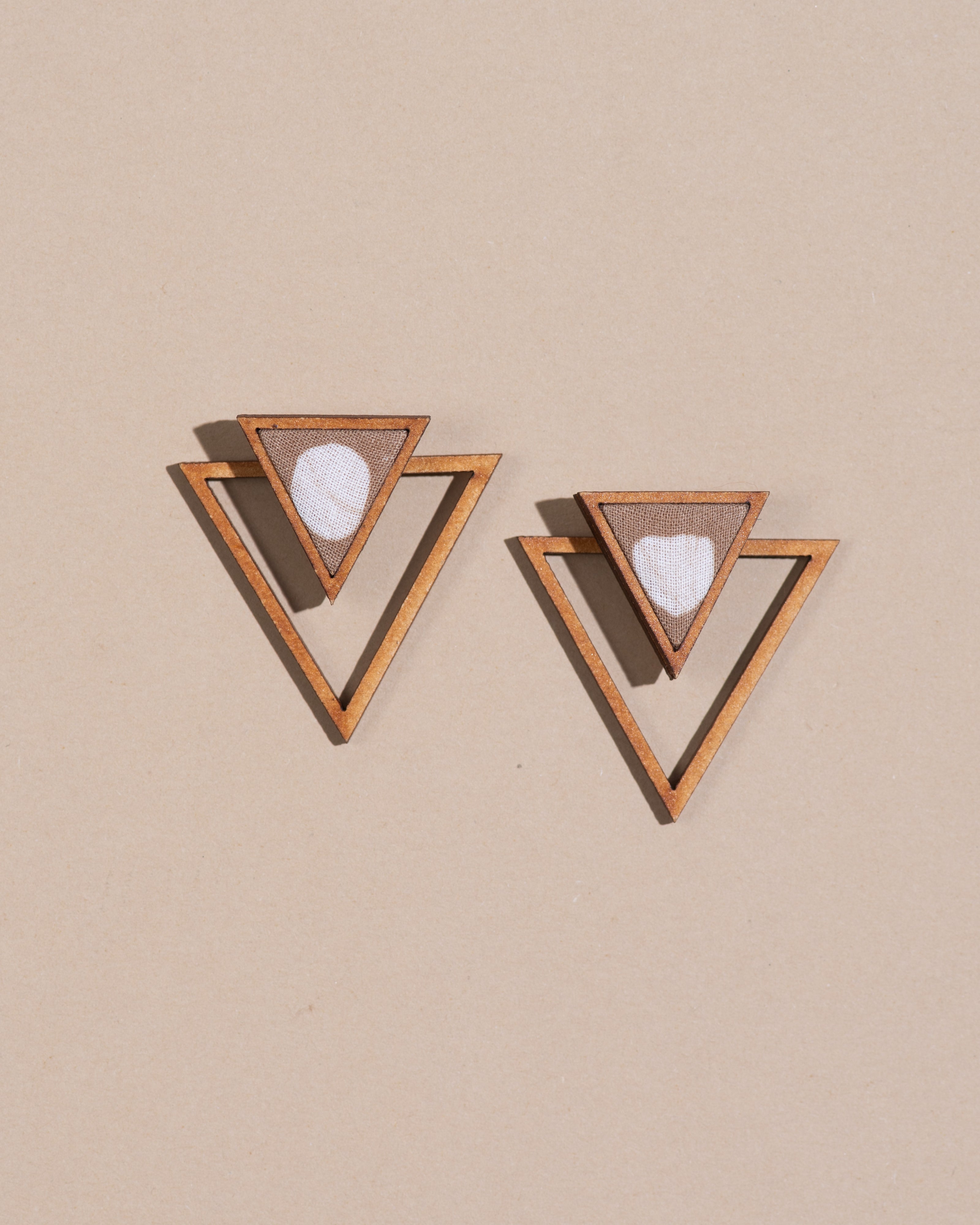 WHE Beige Two Look in One Repurposed Fabric and Wood Triangle Earring