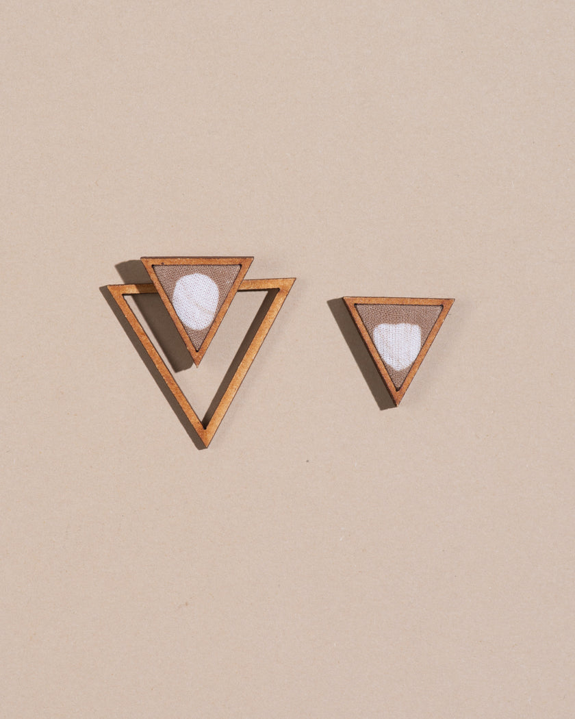 WHE Beige Two Look in One Repurposed Fabric and Wood Triangle Earring