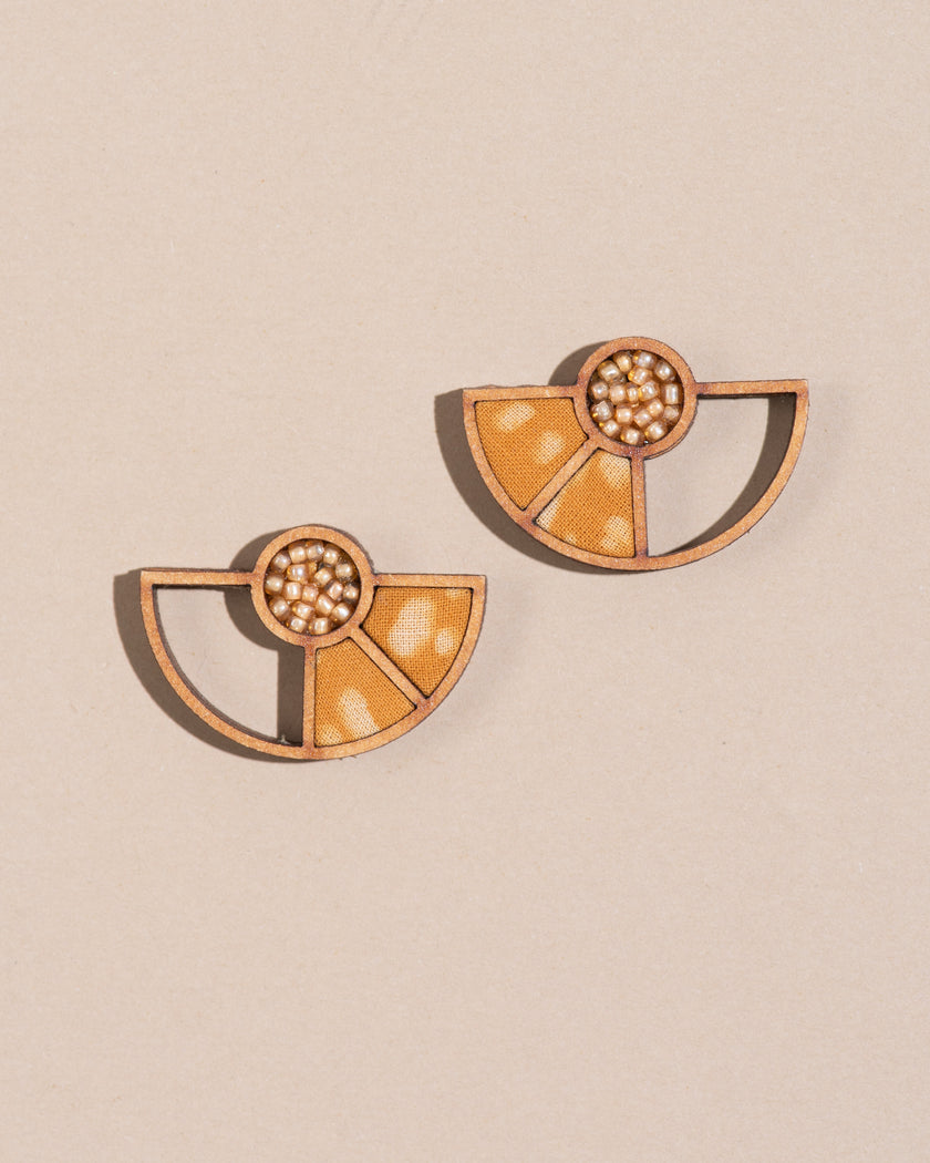 WHE Yellow Geometrical Repurposed Fabric and Wood Earring