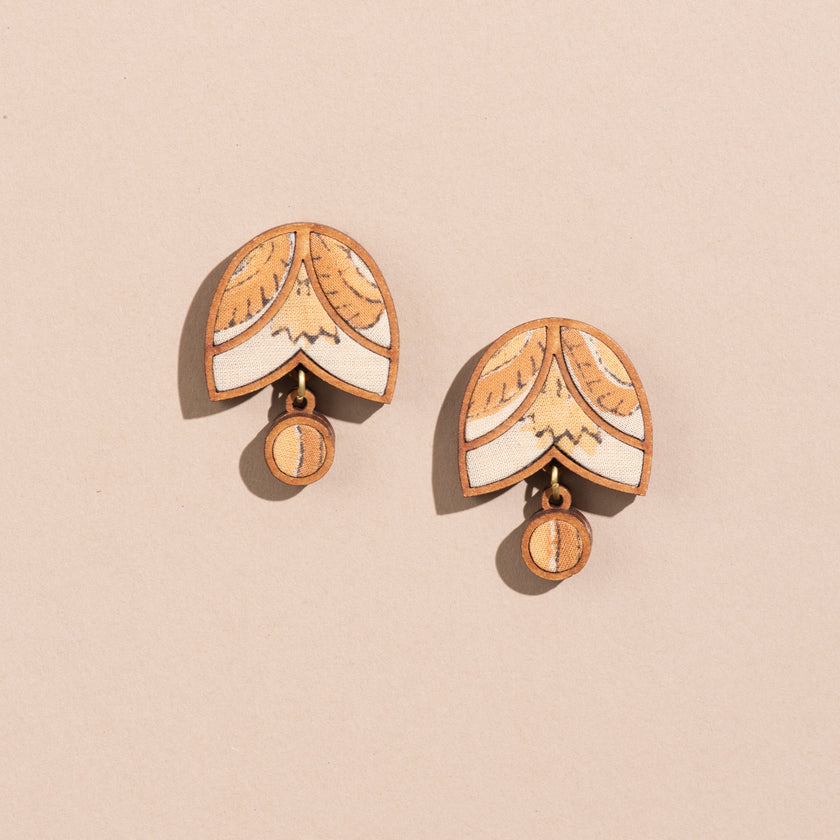 WHE Yellow Brown Bloom Repurposed Fabric and Wood Stud Earrings