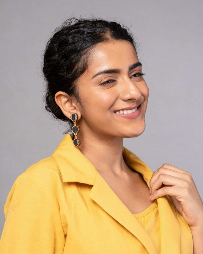 WHE Black Repurposed Fabric and Wood Connecting Round Earrings