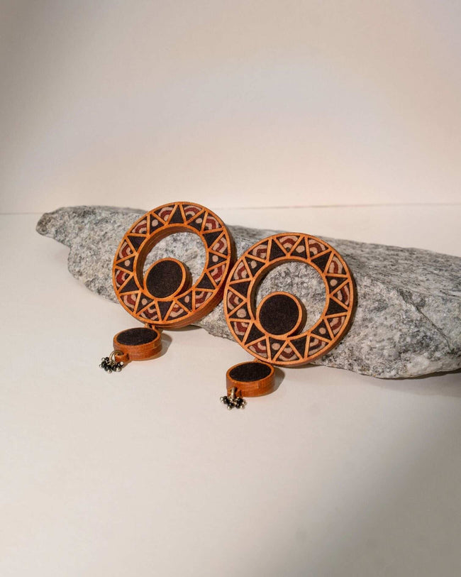 WHE Black Wheel Repurposed Ajrakh Fabric and Wood Earrings