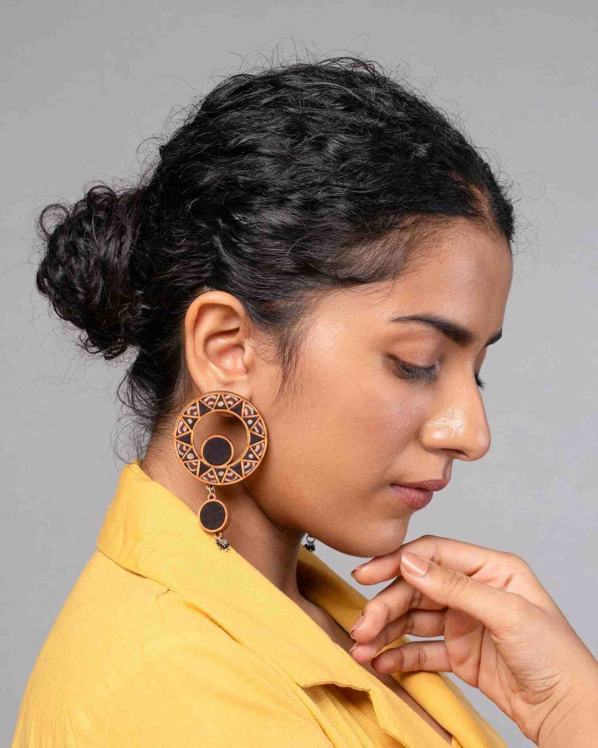 WHE Black Wheel Repurposed Ajrakh Fabric and Wood Earrings