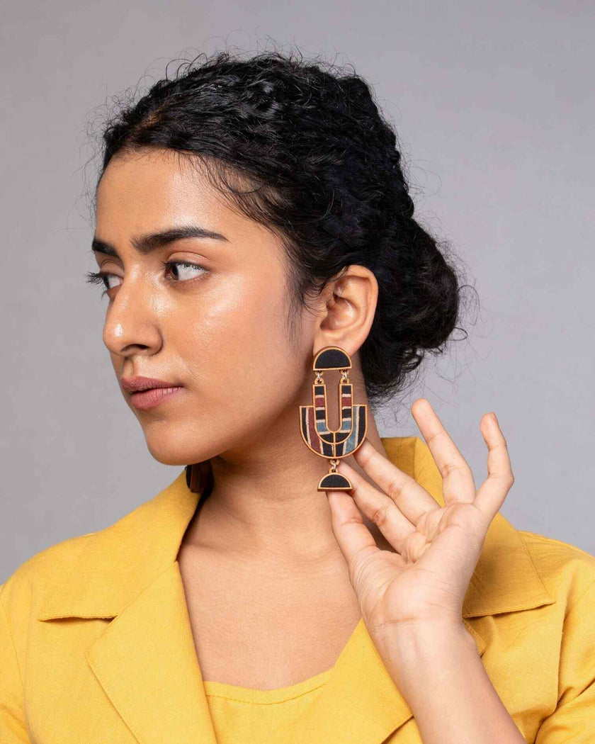 WHE Black Stripe Ajrakh Repurposed Fabric and Wood Earrings