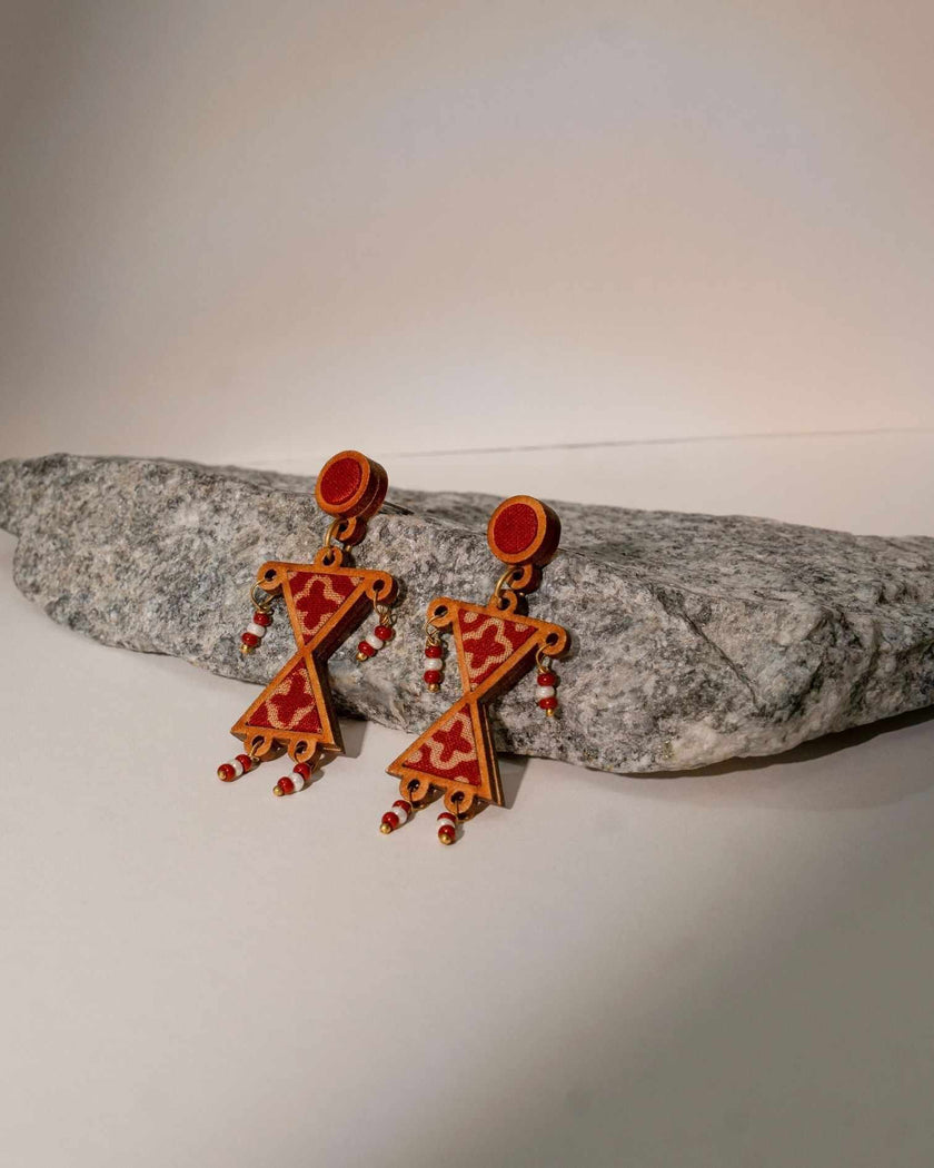 WHE Worli Inspired Maroon Repurposed Fabric and Wood Earrings