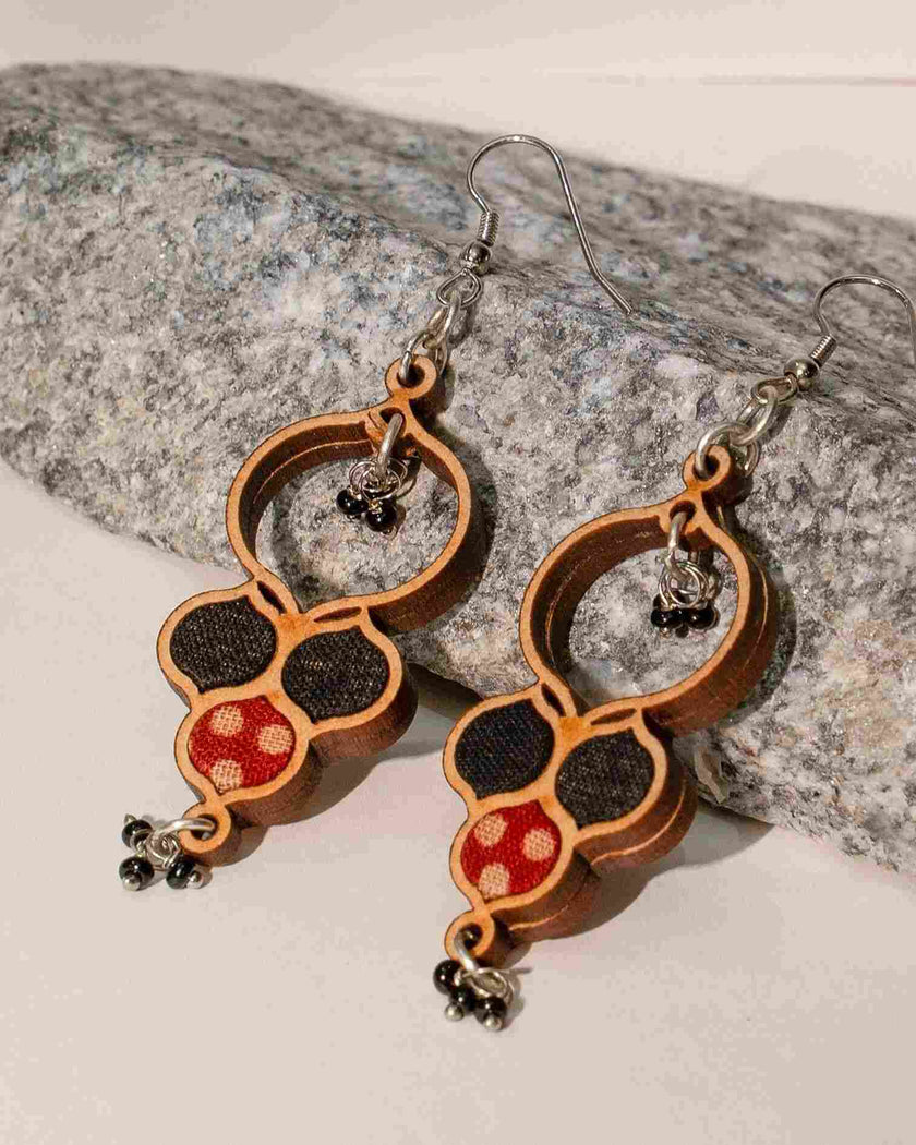 WHE Ajrakh Black Repurposed Fabric and Wood Round Danglers