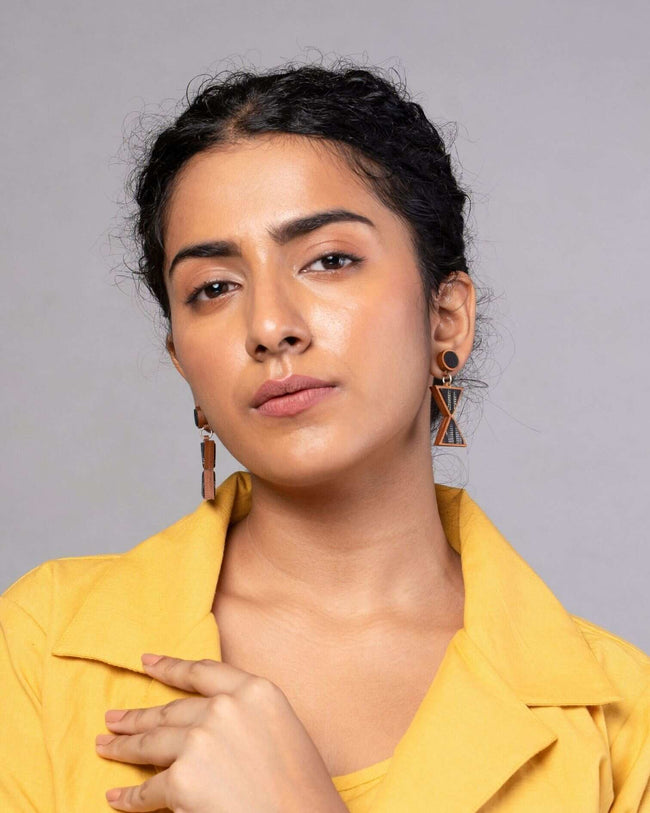 WHE Worli Inspired Black Repurposed Fabric and Wood Earrings