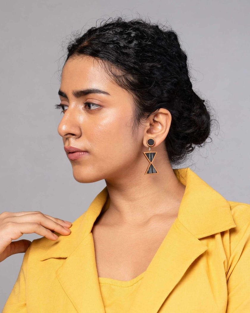 WHE Worli Inspired Black Repurposed Fabric and Wood Earrings