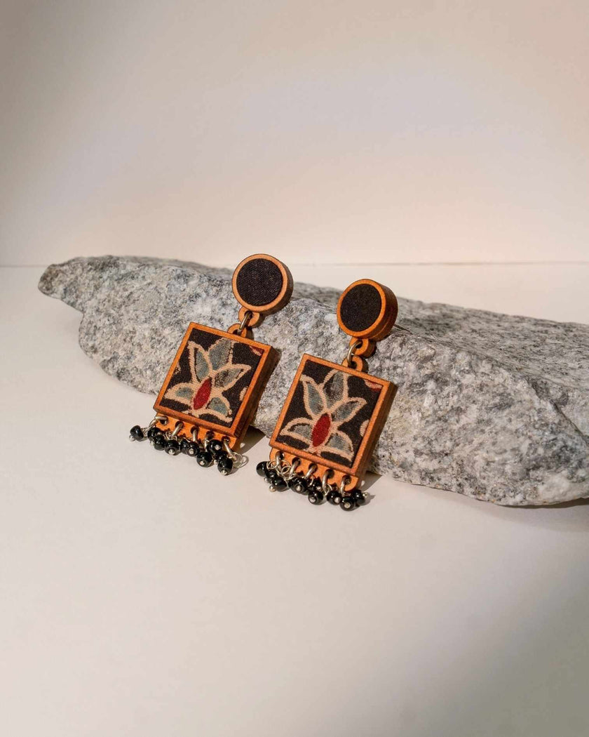 WHE Black Ajrakh Hand Block Printed Repurposed Fabric and Wood Earrings