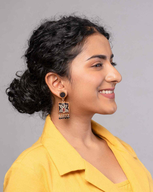 WHE Black Ajrakh Hand Block Printed Repurposed Fabric and Wood Earrings