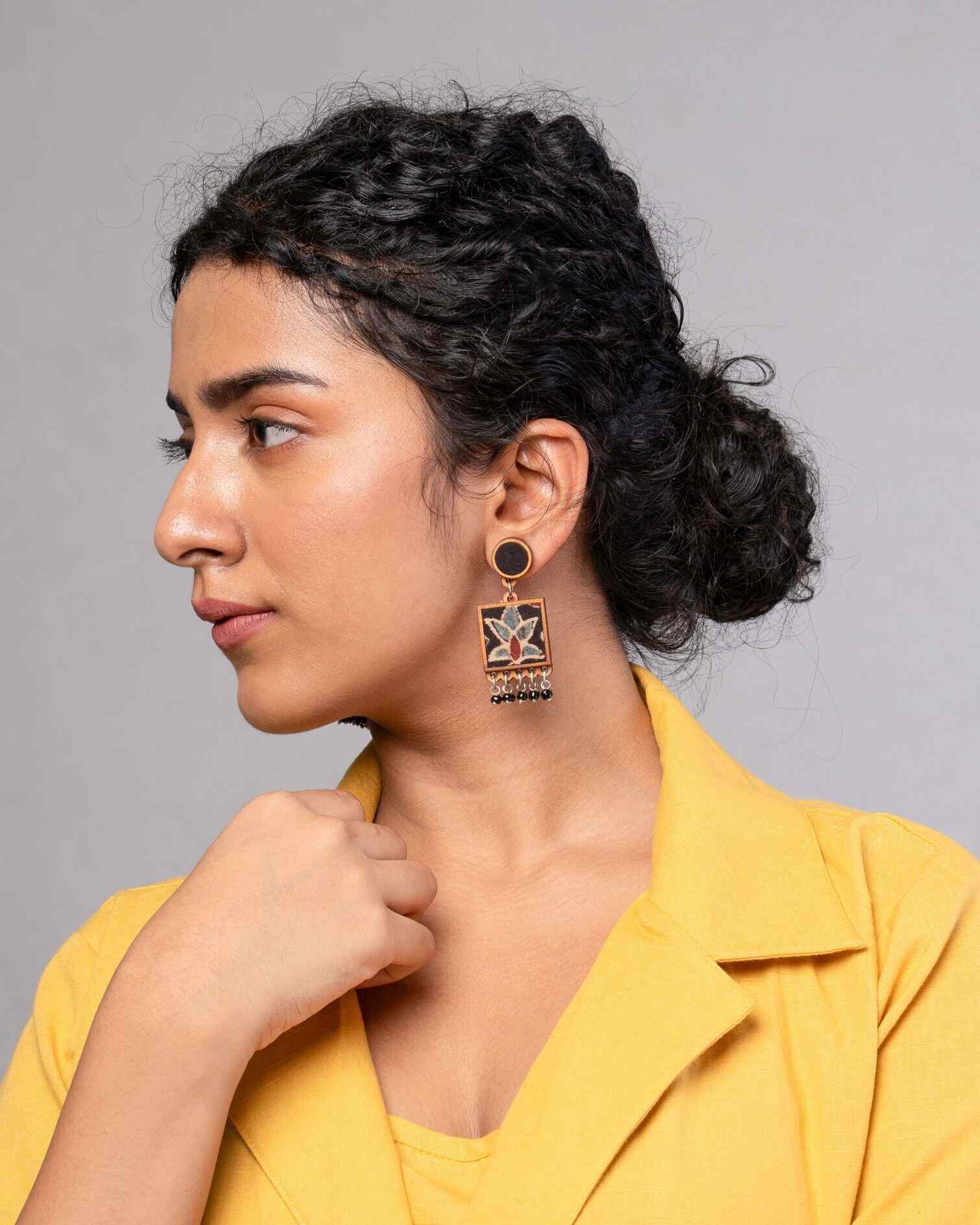WHE Black Ajrakh Hand Block Printed Repurposed Fabric and Wood Earrings
