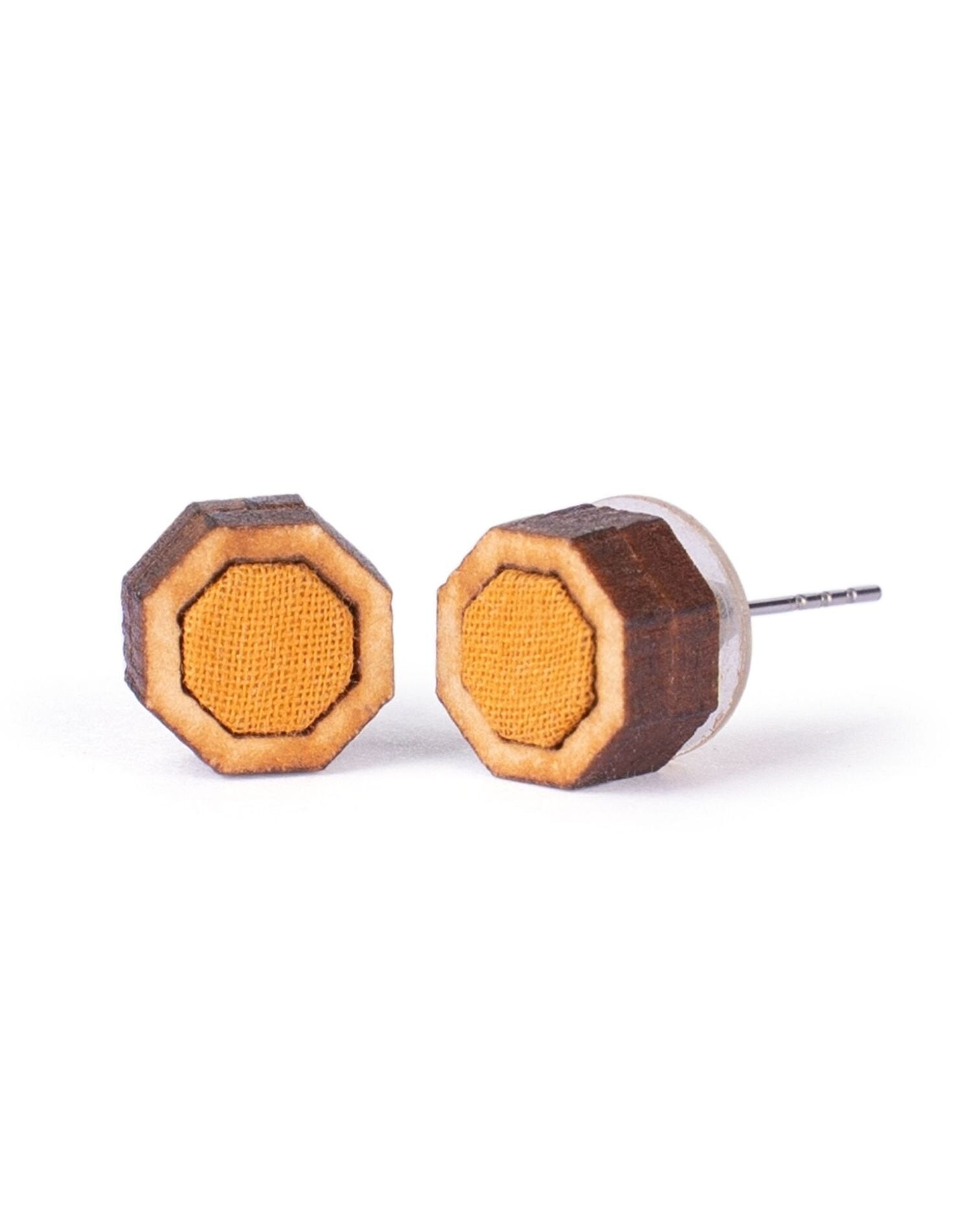 WHE Unisex Mustard Hexagon Repurposed Fabric and Wood Studs